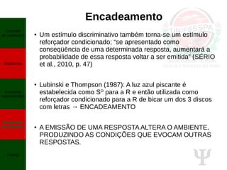 Ψ
Encadeamento
● Um estímulo discriminativo também torna-se um estímulo
reforçador condicionado; “se apresentado como
conseqüência de uma determinada resposta, aumentará a
probabilidade de essa resposta voltar a ser emitida” (SÉRIO
et al., 2010, p. 47)
● Lubinski e Thompson (1987): A luz azul piscante é
estabelecida como SD
para a R e então utilizada como
reforçador condicionado para a R de bicar um dos 3 discos
com letras → ENCADEAMENTO
● A EMISSÃO DE UMA RESPOSTA ALTERA O AMBIENTE,
PRODUZINDO AS CONDIÇÕES QUE EVOCAM OUTRAS
RESPOSTAS.
Controle
de estímulos
Gradientes
Exemplos
experimentais
Respostas
encadeadas
Fading
 