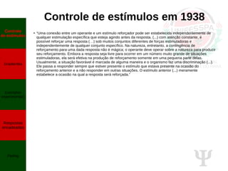 Ψ
Controle de estímulos em 1938
● “Uma conexão entre um operante e um estímulo reforçador pode ser estabelecida independentemente de
qualquer estimulação específica que esteja agindo antes da resposta. (...) com atenção constante, é
possível reforçar uma resposta (…) sob muitos conjuntos diferentes de forças estimuladoras e
independentemente de qualquer conjunto específico. Na natureza, entretanto, a contingência de
reforçamento para uma dada resposta não é mágica; o operante deve operar sobre a natureza para produzir
seu reforçamento. Embora a resposta seja livre para ocorrer em um número muito grande de situações
estimuladoras, ela será efetiva na produção de reforçamento somente em uma pequena parte delas.
Usualmente, a situação favorável é marcada de alguma maneira e o organismo faz uma discriminação (...).
Ele passa a responder sempre que estiver presente o estímulo que estava presente na ocasião do
reforçamento anterior e a não responder em outras situações. O estímulo anterior (...) meramente
estabelece a ocasião na qual a resposta será reforçada.”
Controle
de estímulos
Gradientes
Exemplos
experimentais
Respostas
encadeadas
Fading
 
