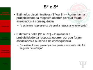 Ψ
SD
e S∆
● Estímulos discriminativos (SD
ou S+
) – Aumentam a
probabilidade da resposta ocorrer porque foram
associados à consequência
– “o estímulo na presença do qual a resposta foi reforçada”
● Estímulos delta (S∆
ou S-
) – Diminuem a
probabilidade da resposta ocorrer porque foram
associados à ausência de consequência
– “os estímulos na presença dos quais a resposta não foi
seguida de reforço”
Controle
de estímulos
Gradientes
Exemplos
experimentais
Respostas
encadeadas
Fading
 