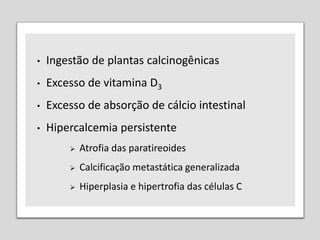 • Ingestão de plantas calcinogênicas
• Excesso de vitamina D3
• Excesso de absorção de cálcio intestinal
• Hipercalcemia persistente
 Atrofia das paratireoides
 Calcificação metastática generalizada
 Hiperplasia e hipertrofia das células C
 