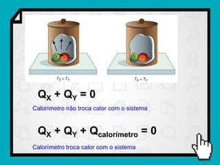 QX + QY = 0
Calorímetro não troca calor com o sistema


 QX + QY + Qcalorímetro = 0
Calorímetro troca calor com o sistema
 