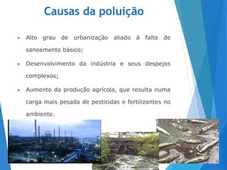 Causas da poluição
• Alto grau de urbanização aliado à falta de
saneamento básico;
• Desenvolvimento da indústria e seus despejos
complexos;
• Aumento da produção agrícola, que resulta numa
carga mais pesada de pesticidas e fertilizantes no
ambiente.
10
 