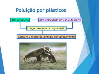Poluição por plásticos
22
Alta produção
Longo tempo para degradação
Causam a morte de animais por sufocamento
Alta velocidade de uso e descarte
 