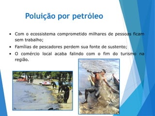 Poluição por petróleo
28
• Com o ecossistema comprometido milhares de pessoas ficam
sem trabalho;
• Famílias de pescadores perdem sua fonte de sustento;
• O comércio local acaba falindo com o fim do turismo na
região.
 
