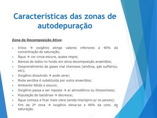 Características das zonas de
autodepuração
Zona de Decomposição Ativa:
• Início  oxigênio atinge valores inferiores a 40% da
concentração de saturação;
• Água  cor cinza-escura, quase negra;
• Bancos de lodos no fundo em ativa decomposição anaeróbia;
• Desprendimento de gases mal cheirosos (amônia, gás sulfídrico,
etc);
• Oxigênio dissolvido  pode zerar;
• Biota aeróbia é substituída por outra anaeróbia;
• Ambiente fétido e escuro;
• Oxigênio passa a ser reposto  ar atmosférico ou fotossíntese;
• População de bactérias  decresce;
• Água começa a ficar mais clara (ainda impróprio p/ os peixes);
• Fim da 2ª zona  oxigênio eleva-se a 40% da conc. de
saturação.
37
 