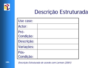 Descrição Estruturada
      Use case:
      Actor:
      Pré-
      Condição:
      Descrição:
      Variações:
      Pós-
      Condição:
UML   Descrição Estruturada de acordo com Larman (2001)
 