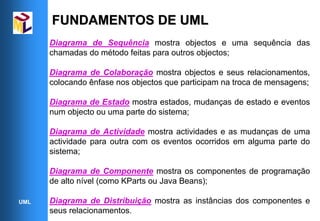 FUNDAMENTOS DE UML
      Diagrama de Sequência mostra objectos e uma sequência das
      chamadas do método feitas para outros objectos;

      Diagrama de Colaboração mostra objectos e seus relacionamentos,
      colocando ênfase nos objectos que participam na troca de mensagens;

      Diagrama de Estado mostra estados, mudanças de estado e eventos
      num objecto ou uma parte do sistema;

      Diagrama de Actividade mostra actividades e as mudanças de uma
      actividade para outra com os eventos ocorridos em alguma parte do
      sistema;

      Diagrama de Componente mostra os componentes de programação
      de alto nível (como KParts ou Java Beans);

UML   Diagrama de Distribuição mostra as instâncias dos componentes e
      seus relacionamentos.
 