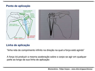 Ponto de aplicação Linha de aplicação “ linha reta de comprimento infinito na direção na qual a força está agindo” A força irá produzir a mesma aceleração sobre o corpo se agir em qualquer parte ao longo da sua linha de aplicação 