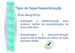 Tipos de Departamentalização

•  Área Geográfica
  –  Vantagem: a Administração local
     conhece melhor as peculiaridades da
     área onde atua.

  –  Desvantagem:    a    descentralização
     encerra em si mesma um limite de ação
     bastante amplo.


                                        12
 