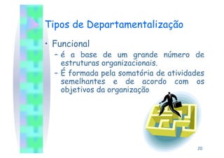 Tipos de Departamentalização
•  Funcional
  –  é a base de um grande número de
     estruturas organizacionais.
  –  É formada pela somatória de atividades
     semelhantes e de acordo com os
     objetivos da organização




                                         20
 