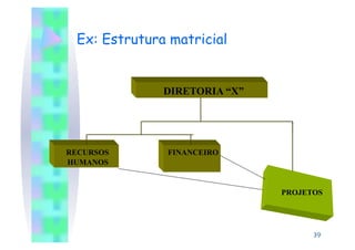 Ex: Estrutura matricial


              DIRETORIA “X”




RECURSOS      FINANCEIRO
HUMANOS


                              PROJETOS




                                    39
 