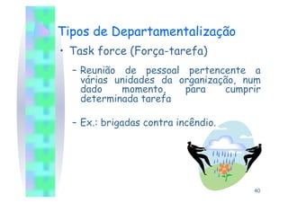 Tipos de Departamentalização
•  Task force (Força-tarefa)
  –  Reunião de pessoal pertencente a
     várias unidades da organização, num
     dado    momento,    para    cumprir
     determinada tarefa

  –  Ex.: brigadas contra incêndio.




                                      40
 