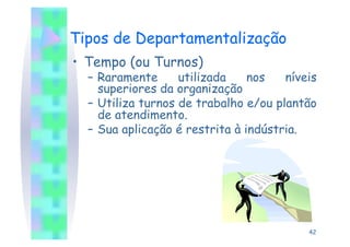 Tipos de Departamentalização
•  Tempo (ou Turnos)
  –  Raramente      utilizada    nos   níveis
     superiores da organização
  –  Utiliza turnos de trabalho e/ou plantão
     de atendimento.
  –  Sua aplicação é restrita à indústria.




                                           42
 