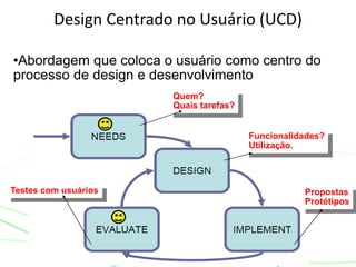 13
Design Centrado no Usuário (UCD)
Quem?
Quais tarefas?
Funcionalidades?
Utilização.
Propostas
Protótipos
Testes com usuários
•Abordagem que coloca o usuário como centro do
processo de design e desenvolvimento
 