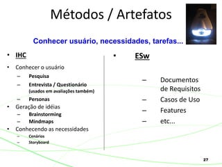 27
• IHC
• Conhecer o usuário
– Pesquisa
– Entrevista / Questionário
(usados em avaliações também)
– Personas
• Geração de idéias
– Brainstorming
– Mindmaps
• Conhecendo as necessidades
– Cenários
– Storyboard
Métodos / Artefatos
• ESw
– Documentos
de Requisitos
– Casos de Uso
– Features
– etc...
Conhecer usuário, necessidades, tarefas...
 
