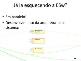 84
• Em paralelo!
• Desenvolvimento da arquitetura do
sistema:
Já ia esquecendo a ESw?
Interface com
o usuário
Negócio
Persistência
 