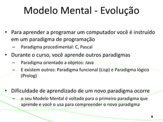 9
• Para aprender a programar um computador você é instruído
em um paradigma de programação
– Paradigma procedimental: C, Pascal
• Durante o curso, você aprende outros paradigmas
– Paradigma orientado a objetos: Java
– E existem outros: Paradigma funcional (Lisp) e Paradigma lógico
(Prolog)
• Dificuldade de aprendizado de um novo paradigma ocorre
– o seu Modelo Mental é voltado para o primeiro paradigma que
aprende e você o usa para compreender o novo paradigma
Modelo Mental - Evolução
 