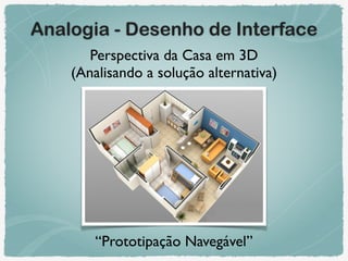 Perspectiva da Casa em 3D  
(Analisando a solução alternativa)
“Prototipação Navegável”
Analogia - Desenho de Interface
 