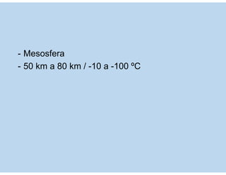 - Ionosfera ou termosfera - subcamada superior
- De 80 km a 700, 800, 1000 km de altitude /
1000 ºC
- Reflete para a super...