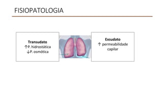 FISIOPATOLOGIA
Transudato
↑P. hidrostática
↓P. osmótica
Exsudato
↑ permeabilidade
capilar
 