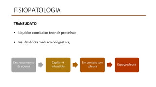 FISIOPATOLOGIA
TRANSUDATO
• Líquidos com baixo teor de proteína;
• Insuficiência cardíaca congestiva;
Extravasamento
de edema
Capilar →
interstício
Em contato com
pleura
Espaço pleural
 