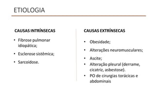 ETIOLOGIA
CAUSAS INTRÍNSECAS
• Fibrose pulmonar
idiopática;
• Esclerose sistêmica;
• Sarcoidose.
CAUSAS EXTRÍNSECAS
• Obesidade;
• Alterações neuromusculares;
• Ascite;
• Alteração pleural (derrame,
cicatriz, asbestose).
• PO de cirurgias torácicas e
abdominais
 