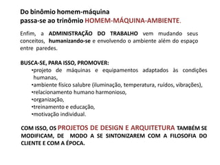 Enfim, a ADMINISTRAÇÃO DO TRABALHO vem mudando seus
conceitos, humanizando-se e envolvendo o ambiente além do espaço
entre paredes.
BUSCA-SE, PARA ISSO, PROMOVER:
•projeto de máquinas e equipamentos adaptados às condições
humanas,
•ambiente físico salubre (iluminação, temperatura, ruídos, vibrações),
•relacionamento humano harmonioso,
•organização,
•treinamento e educação,
•motivação individual.
COM ISSO, OS PROJETOS DE DESIGN E ARQUITETURA TAMBÉM SE
MODIFICAM, DE MODO A SE SINTONIZAREM COM A FILOSOFIA DO
CLIENTE E COM A ÉPOCA.
Do binômio homem-máquina
passa-se ao trinômio HOMEM-MÁQUINA-AMBIENTE.
 