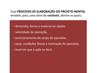 Esse PROCESSO DE ELABORAÇÃO DO PROJETO MENTAL
envolve, pois, uma série de variáveis, dentre as quais:
• dimensão, forma e material do objeto,
• velocidade de operação,
• posicionamento do corpo do operador,
• peso, condições físicas e motivação do operador,
• local em que a ação se dará.
 