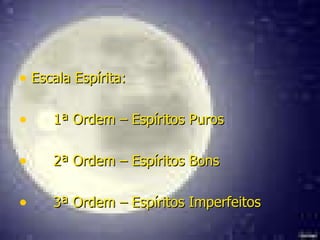 Escala Espírita: 1ª Ordem – Espíritos Puros 2ª Ordem – Espíritos Bons 3ª Ordem – Espíritos Imperfeitos 