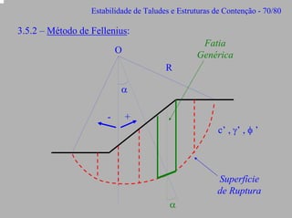 Estabilidade de Taludes e Estruturas de Contenção - 70/80

3.5.2 – Método de Fellenius:
Fatia
Genérica

O
R
α
-

+
c’ , γ’ , φ ’

Superfície
de Ruptura
α

 