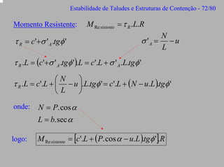 Estabilidade de Taludes e Estruturas de Contenção - 72/80

Momento Resistente:

τ R = c'+σ ' A .tgφ '

M Re sistente = τ R .L.R

N
σ 'A = − u
L

τ R .L = (c'+σ ' A .tgφ ').L = c'.L + σ ' A .L.tgφ '
⎞
⎛N
τ R .L = c'.L + ⎜ − u ⎟.L.tgφ ' = c'.L + (N − u.L ).tgφ '
⎠
⎝L
onde:

logo:

N = P. cos α
L = b. sec α
M Re sistente = [c'.L + (P. cos α − u.L ).tgφ '].R

 