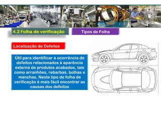 Útil para identificar a ocorrência de
defeitos relacionados à aparência
externa de produtos acabados, tais
como arranhões, rebarbas, bolhas e
manchas. Neste tipo de folha de
verificação é mais fácil encontrar as
causas dos defeitos
Tipos de Folha
Localização de Defeitos
 