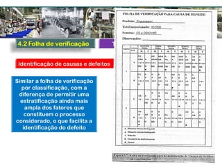 Tipos de Folha
Identificação de causas e defeitos
Similar a folha de verificação
por classificação, com a
diferença de permitir uma
estratificação ainda mais
ampla dos fatores que
constituem o processo
considerado, o que facilita a
identificação do defeito
 