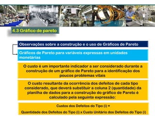 Observações sobre a construção e o uso de Gráficos de Pareto
Gráficos de Pareto para variáveis expressas em unidades
monetárias
O custo é um importante indicador a ser considerado durante a
construção de um gráfico de Pareto para a identificação dos
poucos problemas vitais
O custo resultante da ocorrência dos defeitos de cada tipo
considerado, que deverá substituir a coluna 2 (quantidade) da
planilha de dados para a construção do gráfico de Pareto é
calculado pela seguinte expressão:
Custos dos Defeitos do Tipo (i) =
Quantidade dos Defeitos do Tipo (i) x Custo Unitário dos Defeitos do Tipo (i)
 