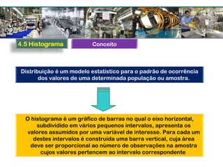 Distribuição é um modelo estatístico para o padrão de ocorrência
dos valores de uma determinada população ou amostra.
O histograma é um gráfico de barras no qual o eixo horizontal,
subdividido em vários pequenos intervalos, apresenta os
valores assumidos por uma variável de interesse. Para cada um
destes intervalos é construída uma barra vertical, cuja área
deve ser proporcional ao número de observações na amostra
cujos valores pertencem ao intervalo correspondente
Conceito
 