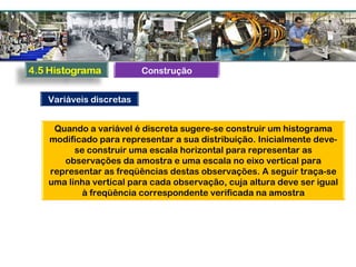 Quando a variável é discreta sugere-se construir um histograma
modificado para representar a sua distribuição. Inicialmente deve-
se construir uma escala horizontal para representar as
observações da amostra e uma escala no eixo vertical para
representar as freqüências destas observações. A seguir traça-se
uma linha vertical para cada observação, cuja altura deve ser igual
à freqüência correspondente verificada na amostra
Variáveis discretas
Construção
 