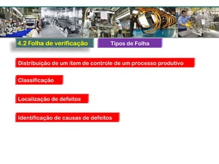 Tipos de Folha
Distribuição de um item de controle de um processo produtivo
Classificação
Localização de defeitos
Identificação de causas de defeitos
 