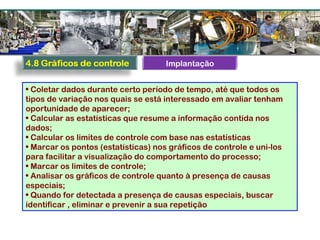 Implantação
• Coletar dados durante certo período de tempo, até que todos os
tipos de variação nos quais se está interessado em avaliar tenham
oportunidade de aparecer;
• Calcular as estatísticas que resume a informação contida nos
dados;
• Calcular os limites de controle com base nas estatísticas
• Marcar os pontos (estatísticas) nos gráficos de controle e uni-los
para facilitar a visualização do comportamento do processo;
• Marcar os limites de controle;
• Analisar os gráficos de controle quanto à presença de causas
especiais;
• Quando for detectada a presença de causas especiais, buscar
identificar , eliminar e prevenir a sua repetição
 