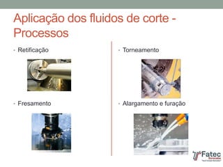 Aplicação dos fluidos de corte -
Processos
• Retificação
• Fresamento
• Torneamento
• Alargamento e furação
 