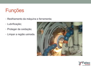 Funções
• Resfriamento da máquina e ferramenta;
• Lubrificação;
• Proteger de oxidação;
• Limpar a região usinada.
 