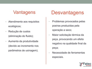 Vantagens
• Atendimento aos requisitos
ecológicos;
• Redução de custos
(eliminação do fluido);
• Aumento da produtividade
(devido ao incremento nos
parâmetros de usinagem).
Desvantagens
• Problemas provocados pelas
poeiras produzidas pela
operação a seco;
• Maior solicitação térmica da
peça, provocando um efeito
negativo na qualidade final da
peça;
• Necessidade de ferramentas
especiais.
 