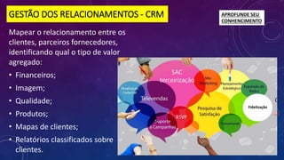 GESTÃO DOS RELACIONAMENTOS - CRM
Mapear o relacionamento entre os
clientes, parceiros fornecedores,
identificando qual o tipo de valor
agregado:
• Financeiros;
• Imagem;
• Qualidade;
• Produtos;
• Mapas de clientes;
• Relatórios classificados sobre
clientes.
APROFUNDE SEU
CONHENCIMENTO
Fidelização
 
