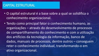 CAPITAL ESTRUTURAL
• O capital estrutural é a base sobre a qual se solidifica o
conhecimento organizacional.
• Tendo como principal fator o conhecimento humano, as
organizações – através do desenvolvimento de processos
de compartilhamento do conhecimento e com a utilização
dos artifícios da tecnologia da informação, banco de
dados, manuais de processos, dentre outros – conseguem
reter o conhecimento individual, transformando-o em
ativo organizacional.
 