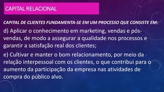 CAPITAL RELACIONAL
CAPITAL DE CLIENTES FUNDAMENTA-SE EM UM PROCESSO QUE CONSISTE EM:
d) Aplicar o conhecimento em marketing, vendas e pós-
vendas, de modo a assegurar a qualidade nos processos e
garantir a satisfação real dos clientes;
e) Cultivar e manter o bom relacionamento, por meio da
relação interpessoal com os clientes, o que contribui para o
aumento da participação da empresa nas atividades de
compra do público alvo.
 