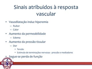 Sinais atribuidos à resposta
vascular
• Vasodilatação induz hiperemia
– Rubor
– Calor
• Aumento da permeabilidade
– Edema
• Aumento da pressão tissular
– Dor
• Tensão
• Estimulo de terminações nervosas - pressão e mediadores
• Segue-se perda de função
 