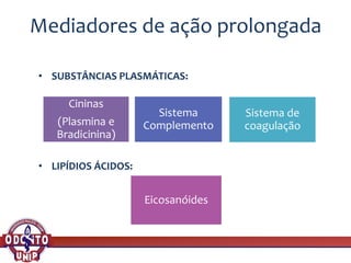 Mediadores de ação prolongada
• SUBSTÂNCIAS PLASMÁTICAS:
• LIPÍDIOS ÁCIDOS:
Cininas
(Plasmina e
Bradicinina)
Sistema
Complemento
Sistema de
coagulação
Eicosanóides
 