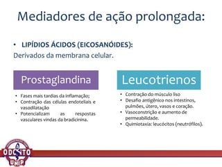 Mediadores de ação prolongada:
• LIPÍDIOS ÁCIDOS (EICOSANÓIDES):
Derivados da membrana celular.
Prostaglandina Leucotrienos
• Fases mais tardias da inflamação;
• Contração das células endoteliais e
vasodilatação
• Potencializam as respostas
vasculares vindas da bradicinina.
• Contração do músculo liso
• Desafio antigênico nos intestinos,
pulmões, útero, vasos e coração.
• Vasoconstrição e aumento de
permeabilidade.
• Quimiotaxia: leucócitos (neutrófilos).
 