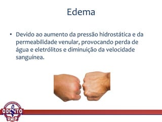 Edema
• Devido ao aumento da pressão hidrostática e da
permeabilidade venular, provocando perda de
água e eletrólitos e diminuição da velocidade
sanguínea.
 