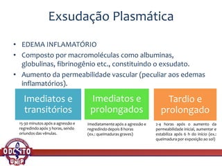 Exsudação Plasmática
• EDEMA INFLAMATÓRIO
• Composto por macromoléculas como albuminas,
globulinas, fibrinogênio etc., constituindo o exsudato.
• Aumento da permeabilidade vascular (peculiar aos edemas
inflamatórios).
Imediatos e
transitórios
Imediatos e
prolongados
Tardio e
prolongado
15-30 minutos após a agressão e
regredindoapós 3 horas, sendo
oriundos das vênulas.
Imediatamente após a agressão e
regredindodepois 8 horas
(ex.: queimaduras graves)
2-4 horas após o aumento da
permeabilidade inicial, aumentar e
estabiliza após 6 h do início (ex.:
queimadura por exposição ao sol)
 