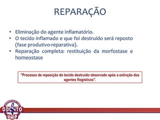 REPARAÇÃO
• Eliminação do agente inflamatório.
• O tecido inflamado e que foi destruído será reposto
(fase produtivo-reparativa).
• Reparação completa: restituição da morfostase e
homeostase
"Processo de reposição do tecido destruído observado após a extinção dos
agentes flogísticos".
 